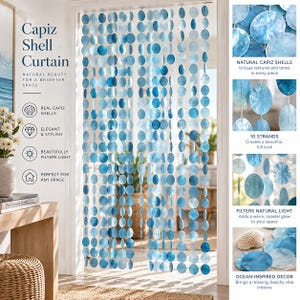May include: A curtain made of circular blue and white capiz shells arranged in ten vertical strands. The text on the image reads Capiz Shell Curtain, Natural Capiz Shells, 10 Strands, and Filters Natural Light, showcasing the translucent material.