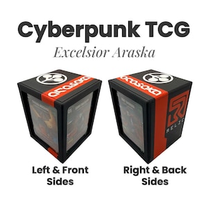 May include: A black and orange deck box for a Cyberpunk TCG, labeled Excelsior Araska. The box features the Araska logo, the text Relic, and clear windows displaying trading cards. Two views show the left, front, right, and back sides.