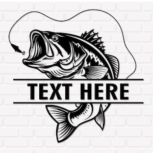May include: Black and white illustration of a largemouth bass with an open mouth, a fishing lure, and the text "TEXT HERE". The design is set against a white brick background, perfect for fishing enthusiasts.