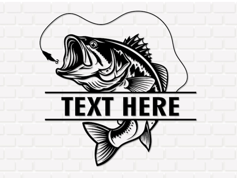 May include: Black and white illustration of a largemouth bass with an open mouth, a fishing lure, and the text "TEXT HERE". The design is set against a white brick background, perfect for fishing enthusiasts.