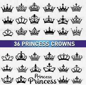 Puede incluir: Una colección de 36 diseños de coronas de princesa negras en varios estilos. Las coronas se muestran sobre un fondo blanco con una pancarta azul que dice "36 PRINCESS CROWNS". La palabra "Princess" está escrita en cursiva.