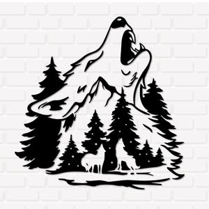 May include: Black metal wall art depicting a howling wolf with a mountain range and forest scene. The wolf's head is prominently featured, with trees and other wolves in the background. The design is cut from a single sheet of metal.