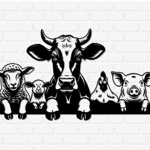 May include: Black and white metal art piece featuring a cow, sheep, lamb, chicken, and pig. The farm animals are arranged in a row, with the cow in the center. The animals are cut out and appear to be peeking over a black ledge.