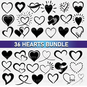 Peut inclure: Une collection de 36 motifs de cœurs de styles variés, notamment pleins, soulignés et ornés de rayons ou du mot "love". Les cœurs sont noirs et blancs, avec une bannière indiquant "36 Hearts Bundle."
