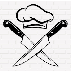 Peut inclure: Illustration en noir et blanc d'une toque de chef au-dessus de deux couteaux croisés. Les couteaux ont des manches noirs et se croisent. Le fond est un mur de briques blanches.