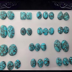 May include: A collection of turquoise gemstones in various shapes, including ovals, squares, and teardrops. The stones have a vibrant blue-green color with dark, web-like patterns. The gemstones are arranged on a white surface.