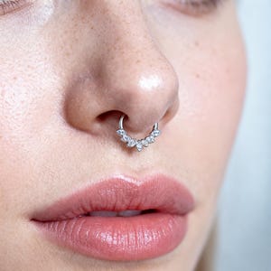 Könnte beinhalten: Nahaufnahme von Nase und Lippen einer Person. Das Septum ist mit einem silberfarbenen Ring durchbohrt, der mit kleinen, klaren Edelsteinen in einem gebogenen Muster verziert ist. Die Lippen haben eine natürliche rosa Farbe.