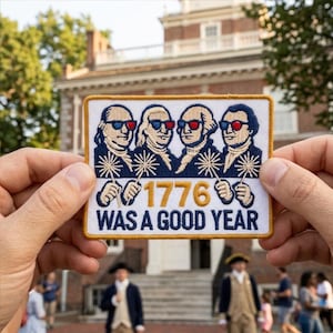 May include: Embroidered patch featuring four historical figures wearing 3D glasses. The patch has a white background with a gold border and the text "1776 WAS A GOOD YEAR".