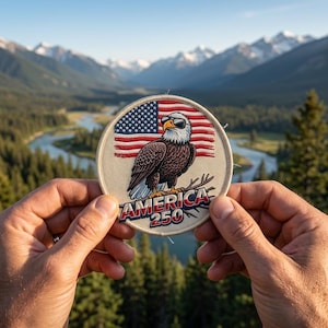 May include: A round patch featuring an American flag and a cartoon bald eagle wearing sunglasses. The eagle is brown and white with a yellow beak. The patch has the text "AMERICA 250" in white.