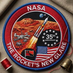 May include: Embroidered NASA patch with a rocket launching from Mars, featuring the American flag and the text "THE ROCKET'S NEW GLARE". The patch commemorates the 35th anniversary.