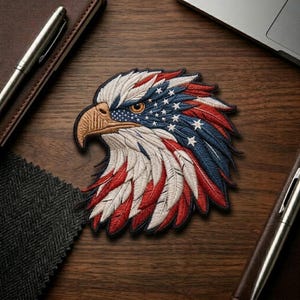 May include: Embroidered patch featuring an American bald eagle head. The design incorporates the colors of the American flag: red, white, and blue. The eagle's head is detailed with a golden beak and eye, and the feathers are intricately stitched.