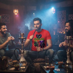 May include: Three people are shown using hookahs in a dimly lit room. One person wears a red t-shirt with the word "HOOMAH" and a graphic of a heart and teddy bears. Hookahs, glasses, and small bowls are on the tables.