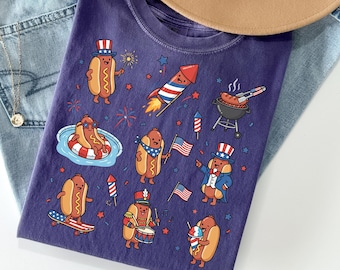 Comfort Colors 4th of July Hot Dog Shirt, Patriotic BBQ Graphic Tee, American Flag Fireworks Tshirt, Independence Day Matching Crewneck