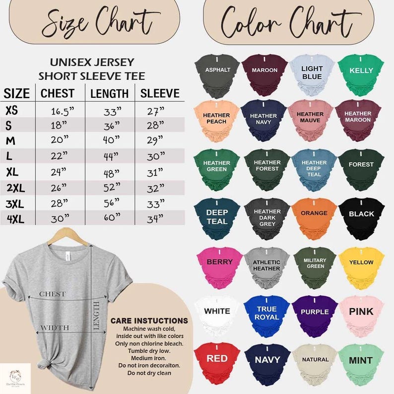 Puede incluir: Una camiseta unisex gris de manga corta cuelga de una percha de madera. La imagen incluye una tabla de tallas con medidas en pulgadas y una tabla de colores con varios colores de camisa. Tambi&eacute;n se enumeran las instrucciones de cuidado.