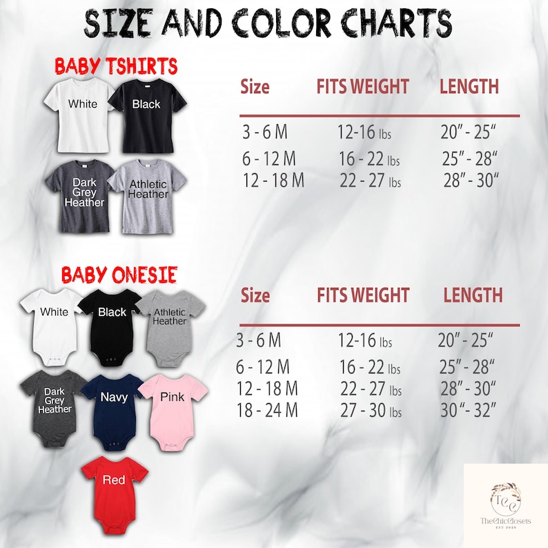 Puede incluir: Tablas de tallas y colores para camisetas y bodies de beb&eacute;. Las camisetas est&aacute;n disponibles en blanco, negro, gris oscuro jaspeado y jaspeado atl&eacute;tico. Los bodies est&aacute;n disponibles en blanco, negro, gris oscuro jaspeado, marino, rosa y rojo.