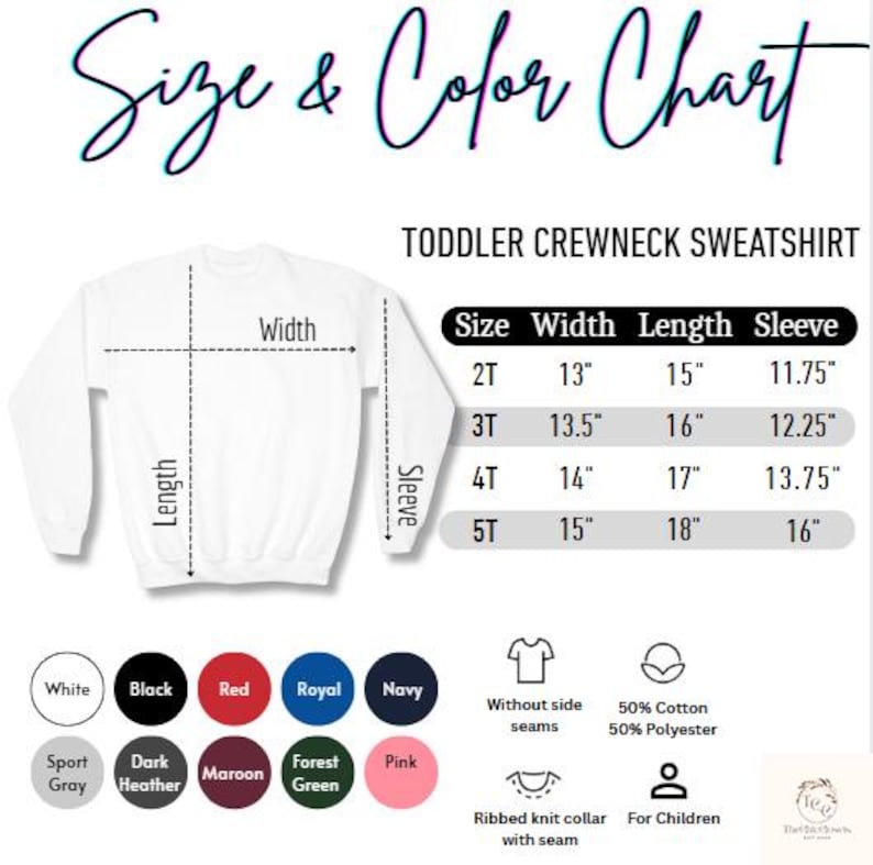 Puede incluir: Sudadera de cuello redondo blanca para ni&ntilde;os peque&ntilde;os con una tabla de tallas y colores. La tabla enumera las medidas para las tallas 2T a 5T, incluyendo ancho, largo y largo de manga en pulgadas. Las opciones de color incluyen blanco, negro, rojo, azul real y marino.