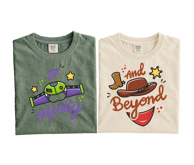 May include: Two t-shirts, one green and one cream-colored, with cartoon graphics. The green shirt has a Buzz Lightyear-themed design with the text "To Infinity". The cream shirt features a cowboy hat, boot, and the words "And Beyond".