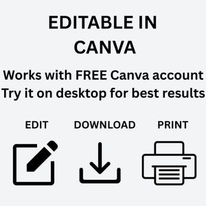 以下が含まれることがあります： 「EDITABLE IN CANVA」のテキストと、無料のCanvaアカウントを使用するための指示が記載された画像。編集、ダウンロード、印刷機能のアイコンが含まれています。