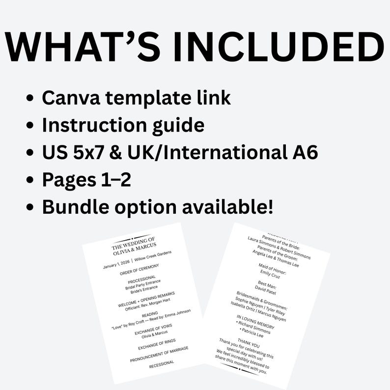 以下が含まれることがあります： 上部に「WHAT'S INCLUDED」というテキストが入った白い結婚式のプログラム。含まれるアイテムのリストが続きます。結婚式の詳細と結婚式のパーティーの名前が記載された2つの結婚式のプログラムが表示されています。