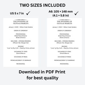 以下が含まれることがあります： 「THE WEDDING OF OLIVIA & MARCUS」のテキストとセレモニーの詳細が記載された結婚式のプログラムテンプレート。US 5 x 7 inとA6: 105 x 148 mmの2つのサイズが含まれています。PDF形式でダウンロードできます。