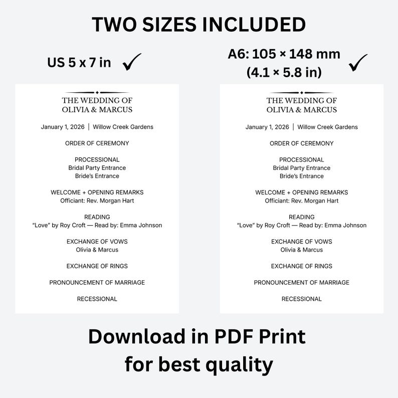 以下が含まれることがあります： 「THE WEDDING OF OLIVIA & MARCUS」のテキストとセレモニーの詳細が記載された結婚式のプログラムテンプレート。US 5 x 7 inとA6: 105 x 148 mmの2つのサイズが含まれています。PDF形式でダウンロードできます。