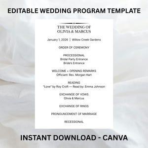 Pode incluir: Um modelo de programa de casamento branco com texto preto. O texto inclui os nomes Olivia & Marcus, a data de 1 de janeiro de 2026 e a ordem da cerimónia. As palavras "DOWNLOAD INSTANTÂNEO - CANVA" estão na parte inferior.