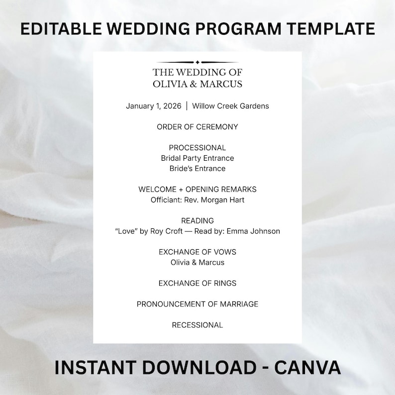 以下が含まれることがあります： 白地の結婚式プログラムテンプレート。黒い文字で、Olivia & Marcusの名前、2026年1月1日の日付、式の順番などが記載されています。「INSTANT DOWNLOAD - CANVA」の文字が下にあります。