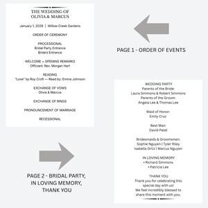 以下が含まれることがあります： テキスト入りの2ページの結婚式のプログラム。 1ページ目には、セレモニーの詳細を含むイベントの順序が記載されています。 2ページ目には、ブライダルパーティー、思い出、感謝のメッセージが記載されています。 プログラムは、オリビア＆マーカス、2026年1月1日です。