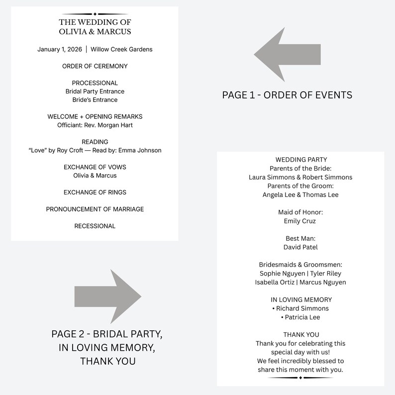 以下が含まれることがあります： テキスト入りの2ページの結婚式のプログラム。 1ページ目には、セレモニーの詳細を含むイベントの順序が記載されています。 2ページ目には、ブライダルパーティー、思い出、感謝のメッセージが記載されています。 プログラムは、オリビア＆マーカス、2026年1月1日です。