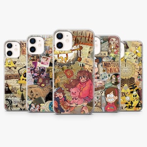 Könnte beinhalten: Fünf Handyhüllen mit Gravity Falls-Designs. Jede Hülle zeigt eine andere Collage von Charakteren, Symbolen und Text aus der Zeichentrickserie, einschließlich der Wörter "Gravity Falls" und "Mystery Shack".