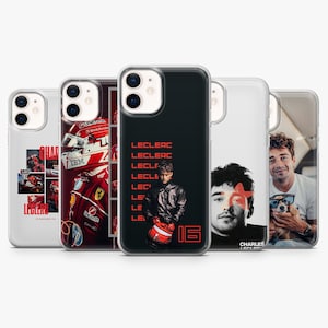 May include: A selection of phone cases showcasing images of a Formula 1 driver. The cases feature portraits, racing helmets, and the driver's name and racing number. The colour scheme includes red, black, and white.