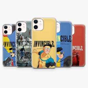May include: A selection of phone cases, each displaying the word "INVINCIBLE" in large text. The cases feature comic book artwork with bright colours and character illustrations. The cases are designed to fit a smartphone.