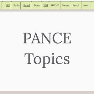Può includere: Uno sfondo bianco con il testo "PANCE Topics" in un carattere serif grigio scuro. Sopra il testo ci sono diverse schede rettangolari verdi con titoli di argomenti medici come "Cardio", "Pulm" e "GI".