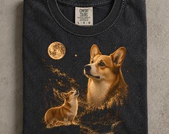 Corgi Howling at the Moon Comfort Colors Shirt, Vintage Corgi Lover Tee, Retro Dog Graphic T-Shirt, Full Moon Wilderness Shirt