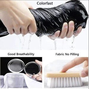 Puede incluir: Imagen que demuestra las propiedades de la tela. Unas manos escurren una tela negra, con el texto "Colorfast" arriba. Im&aacute;genes adicionales muestran un espejo compacto, un vaso de agua y un cepillo con los textos "Good Breathability" y "Fabric No Pilling".