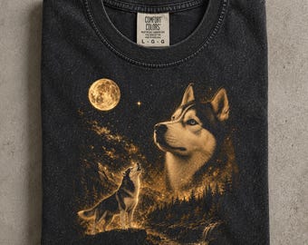 Husky Howling at the Moon Comfort Colors Shirt, Vintage Wolfcore Dog Lover Tee, Retro Siberian Husky Graphic T-Shirt, Husky Mom Gift