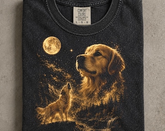 Golden Retriever Howling at the Moon Comfort Colors Shirt, Vintage Golden Retriever Dog Lover Tee, Retro Full Moon Graphic T-Shirt