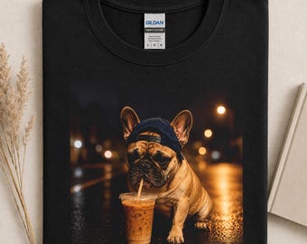French Bulldog Drinking Iced Coffee Shirt, Funny Frenchie Night City Tee, Cute Dog Lover Gift, Urban Aesthetic Puppy Graphic T-Shirt