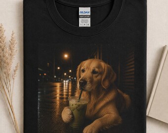 Golden Retriever Matcha Shirt, Moody Dog Graphic Tee, Vintage Night Streetwear T-Shirt, Cozy Matcha Lover Aesthetic Dog Gift
