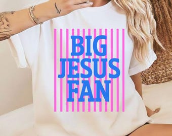 Big Jesus Fan Shirt, Preppy Christian Graphic Tee, Faith Striped Design T-Shirt, Unisex Inspirational Top, Gift for Believers