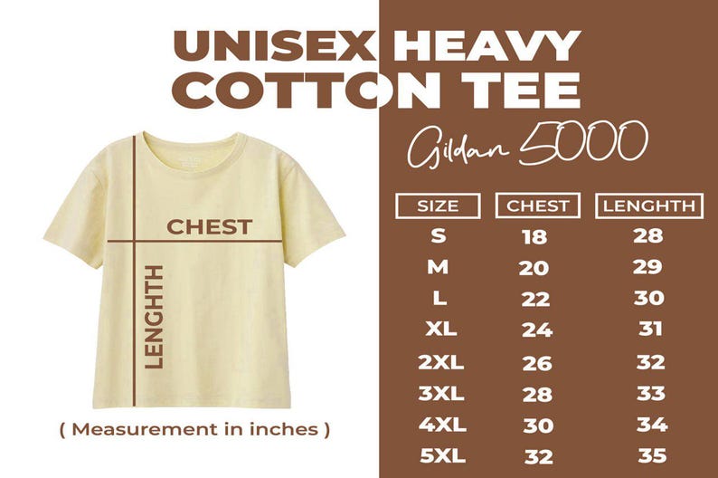 Puede incluir: Una camiseta unisex de algod&oacute;n grueso de color crema con detalles de tallas y medidas. Las medidas del pecho var&iacute;an de 45,7 a 81,3 cm, y las medidas de la longitud var&iacute;an de 71,1 a 88,9 cm. La marca es Gildan 5000.
