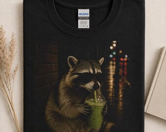 Cool Raccoon Drinking Matcha Shirt, Vintage Retro Raccoon Graphic Tee, Dark Academia Aesthetic Animal Shirt, Cozy Coffee Lover Gift