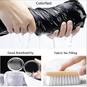 May include: A black fabric being squeezed while wet with the text Colorfast above it. Below, a circular metal compact mirror is shown with the text Good Breathability, and a wooden brush is shown with the text Fabric No Pilling.