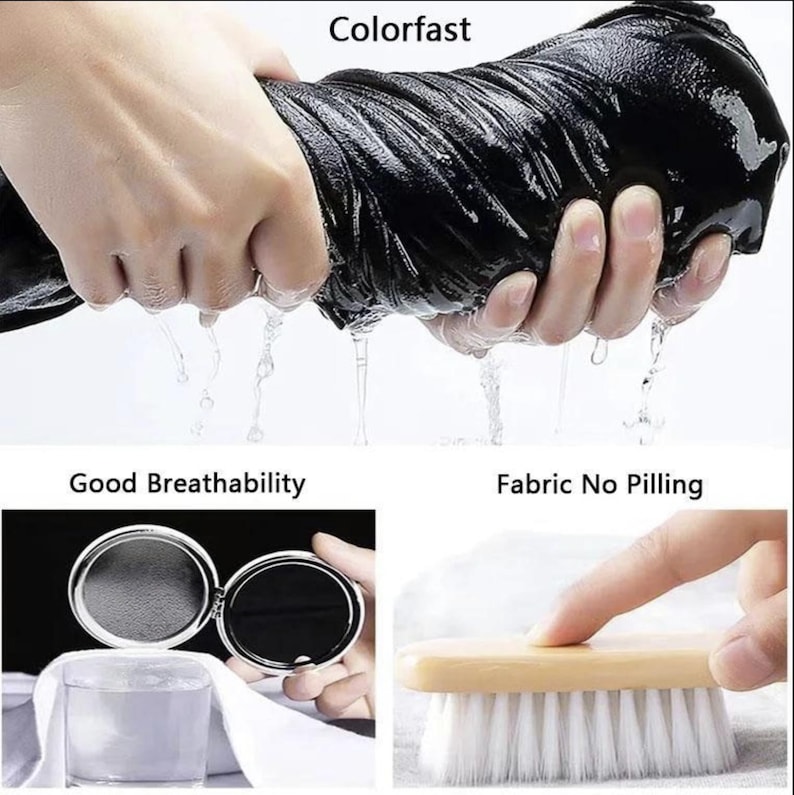 May include: A black fabric being squeezed while wet with the text Colorfast above it. Below, a circular metal compact mirror is shown with the text Good Breathability, and a wooden brush is shown with the text Fabric No Pilling.