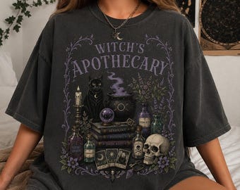 Witch's Apothecary Cat Shirt, Vintage Gothic Halloween T-Shirt, Black Cat Witchy Tee, Spooky Tarot Potion Graphic Tee Gift