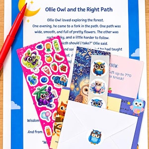 May include: A printed story titled Ollie Owl and the Right Path, a red marker, a sheet of colorful fruit and character stickers, and a white envelope sealed with a small owl sticker, all layered together on a flat surface.
