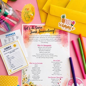 May include: A junk journaling guide with a pink and yellow watercolour background, featuring text titled Let's do Some Junk Journaling! surrounded by yellow envelopes, colourful markers, a summer word search, and a summer prompt card.