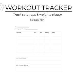 Puede incluir: Un rastreador de entrenamiento imprimible con el título "WORKOUT TRACKER" y el texto "Track sets, reps & weights clearly." El formulario incluye secciones para la fecha, el grupo muscular, el ejercicio, las series, las repeticiones, el peso y las notas.