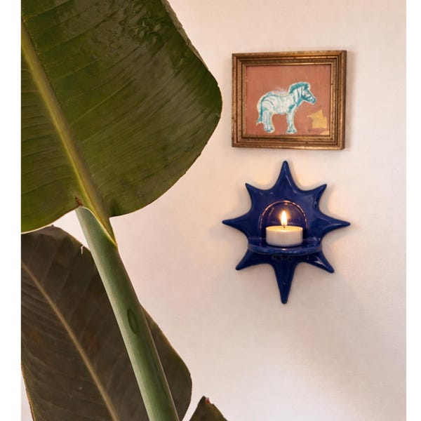Handmade Ceramic Sunburst Wall Candle Holder for Tealight, Star Inspired Mid Century Wall Sconce