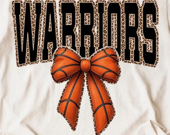 PNG de baloncesto de los Warriors, mascota de baloncesto con lazo, PNG de camiseta para el día del partido, espíritu de equipo con estampado de leopardo, diseño de baloncesto bonito, PNG de sublimación